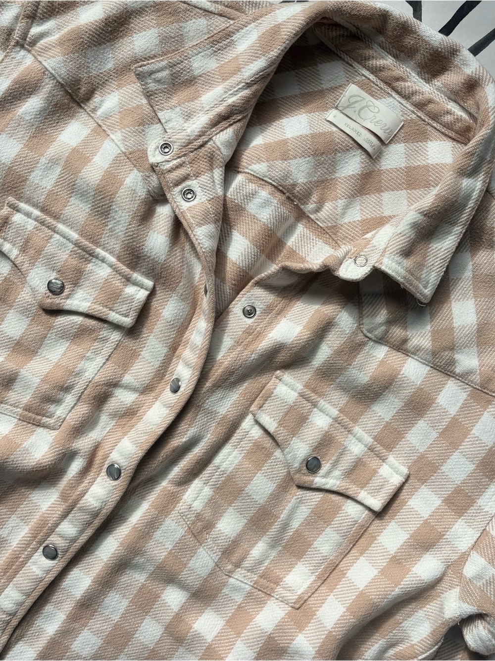 J. Crew Beige and White Plaid Button-Down Shirt Jacket